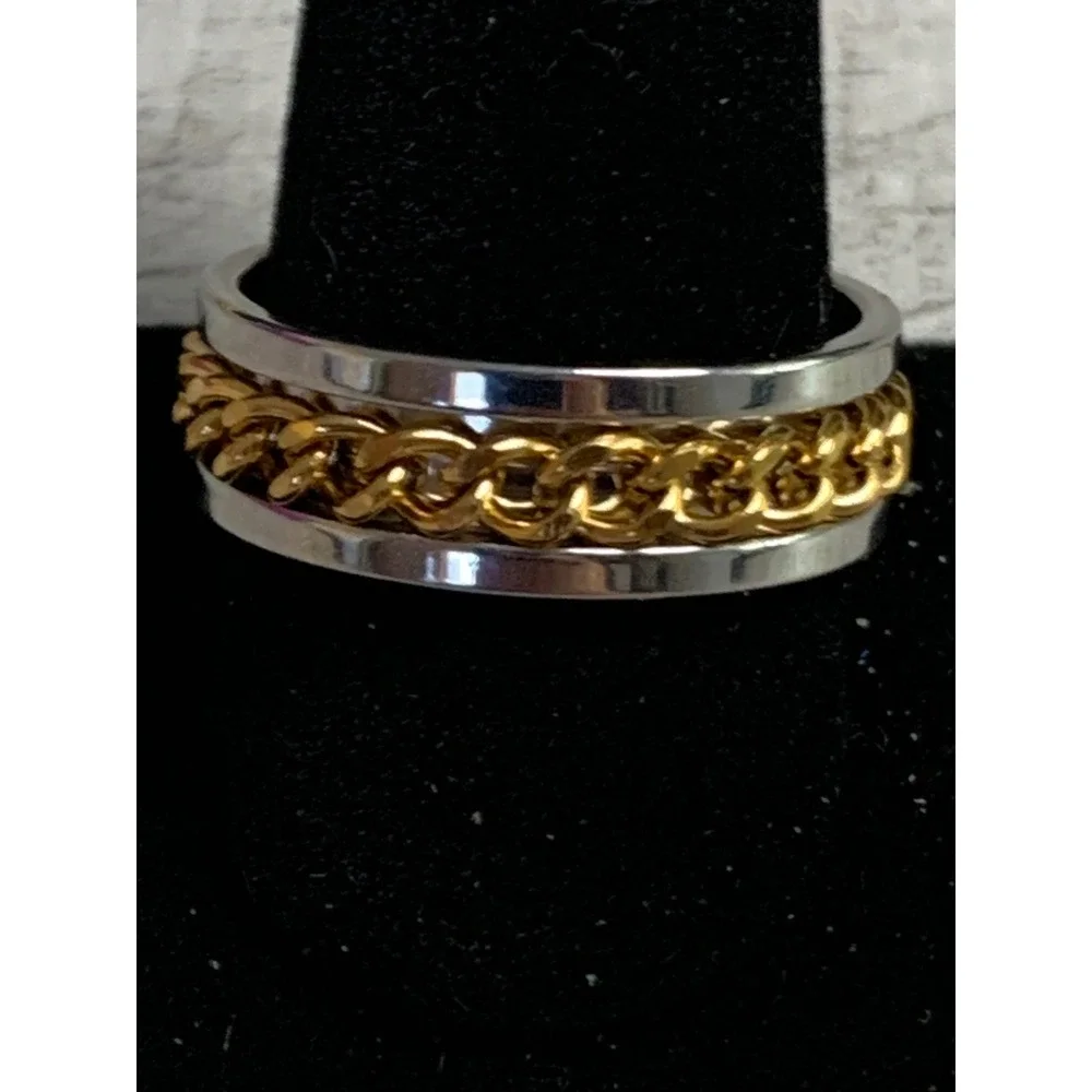 Two Tone Gold Silver Chain Spinner Fidget Ring Size 11.5 Mixed Metal Band